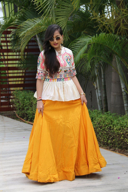 Pretty Yellow Cotton Embroidery Work Lehenga