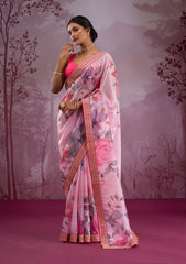 Lovely Pink Chinon Silk Work Saree