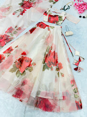 Admiring White Organza Floral Printed Lehenga Choli
