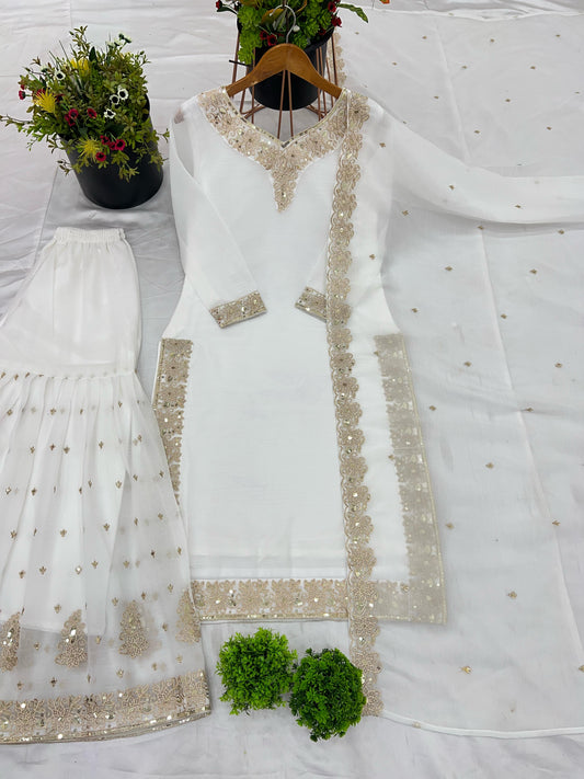 Occasion Wear Crunchy Silk White Color Sharara Suit