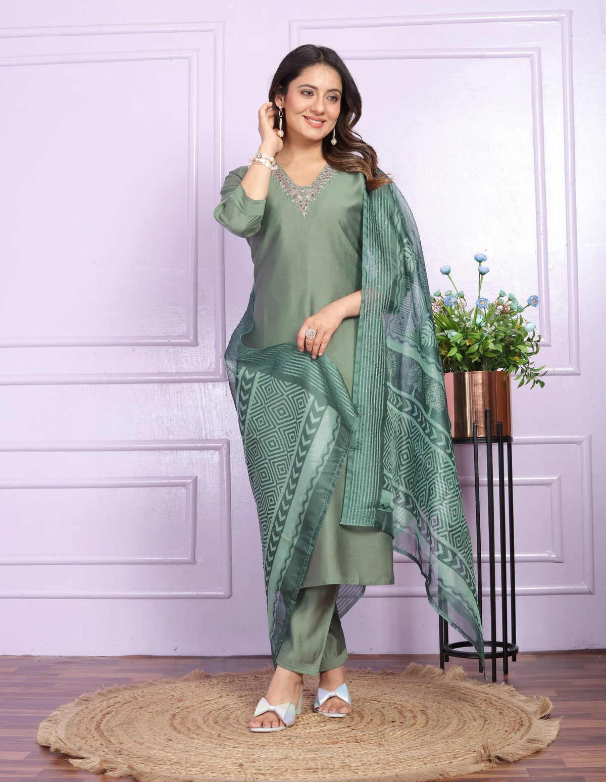 Attractive V Neck Straight Green Color Kurti Pair With Dupatta