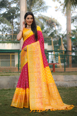 Wonderful Bandhani Pink With Yellow Kanjivaram Silk Saree