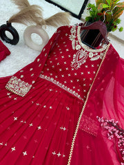 Wedding Wear Georgette Embroidery Sequence Red Color Gown