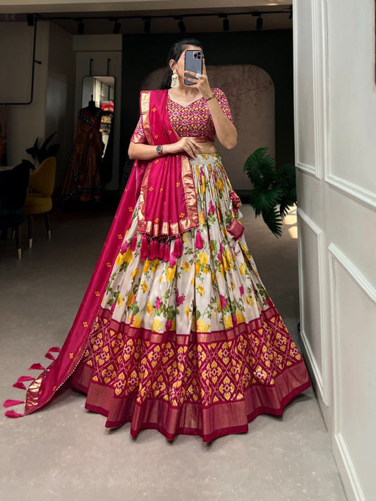 Mesmerizing Floral And Patola Print With Foil Work Pink Color Lehenga Choli