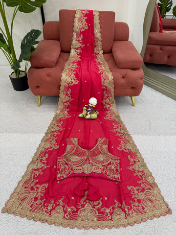 Red Sequence Work Vichitra Silk Saree