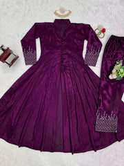 Awesome Chinon Silk Purple Color Top With Pent