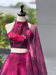 Glorious Pink Color Digital Printed Organza Lehenga