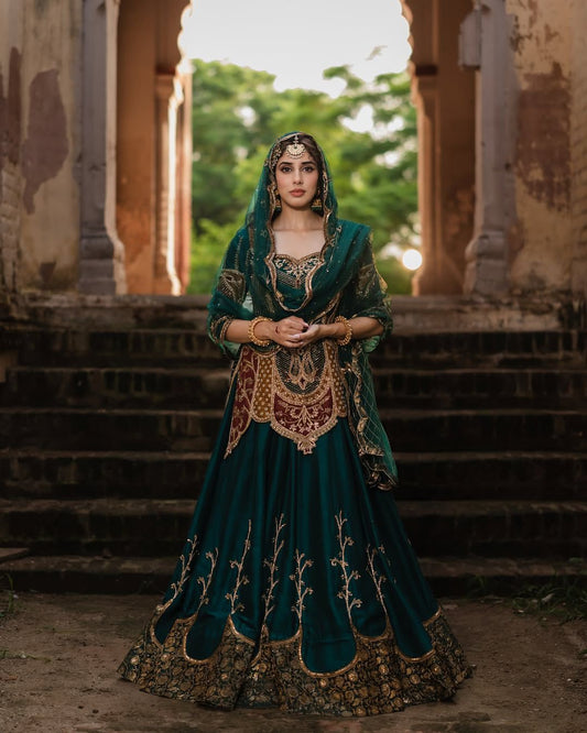 Traditional Wear Heavy Work Green Color Top With Lehenga