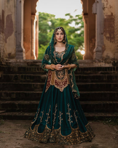 Traditional Wear Heavy Work Green Color Top With Lehenga