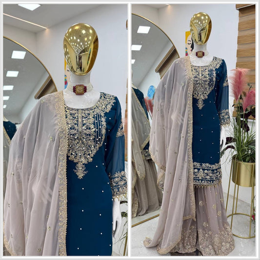 Decent Georgette Teal Blue Color Sharara Suit