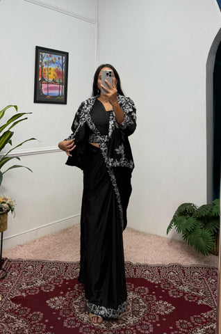 Wonderful Embroidery Work Black Color Saree With Koti