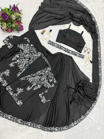 Wonderful Embroidery Work Black Color Saree With Koti