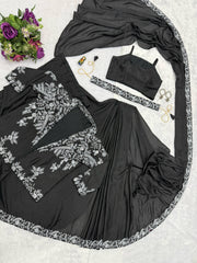 Wonderful Embroidery Work Black Color Saree With Koti