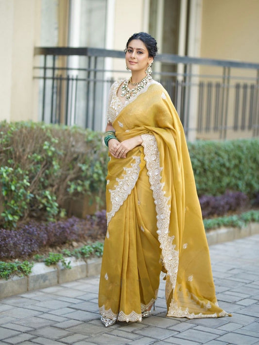 Bollywood Style Heavy Work Mustard Color Saree