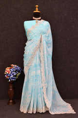 Fantastic Digital Prints Sky Blue Color Saree