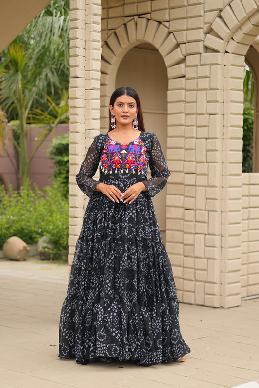 Ravishing Black Georgette Embroidery Work Gown For Navratri Wear