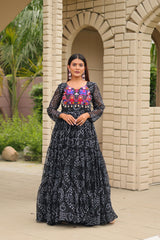 Ravishing Black Georgette Embroidery Work Gown For Navratri Wear