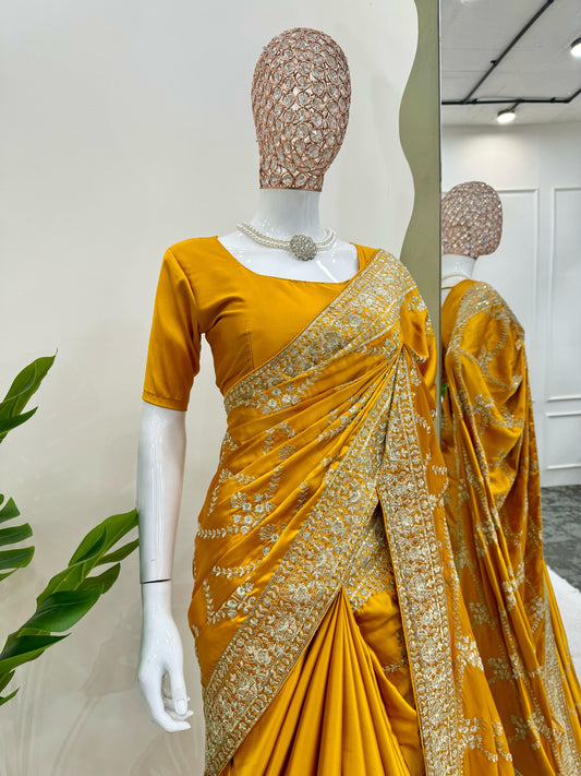 Function Wear Satin Silk Yellow Color saree