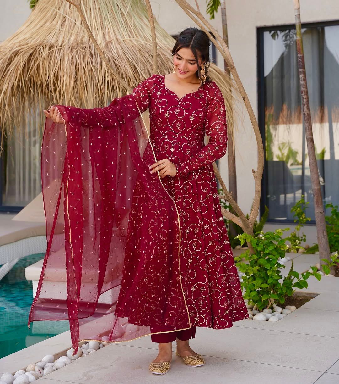 Lovely Red Sequence Work Georgette Gown