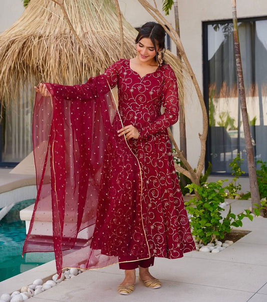Lovely Red Georgette Sequence Work Gown
