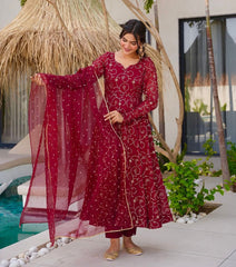 Lovely Red Sequence Work Georgette Gown