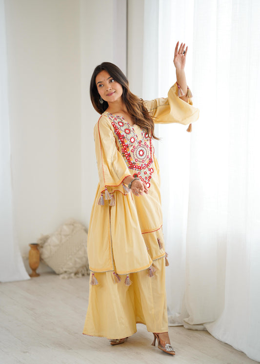 Exclusive Yellow Khadi Cotton Embroidery Work Co-ord Set