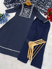 Fantastic Embroidery With Foil Print Navy Blue Color Anarkali Suit