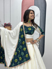 Navratri Wear White Rayon Cotton Ajrakh Print Lehenga Choli