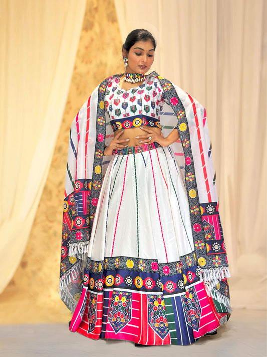 Awesome White Satin Digital Print Lehenga