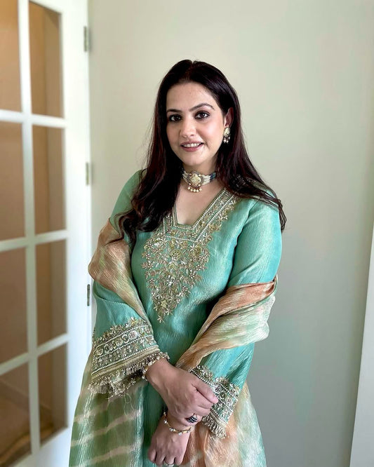 Awesome Embroidery Work Teal Blue Color Salwar Suit