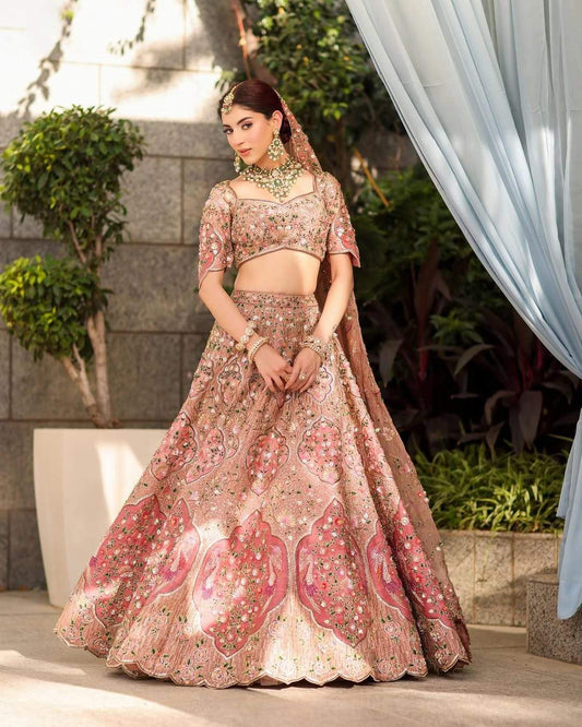Trendy Peach Silk Embroidery Work Lehenga Choli