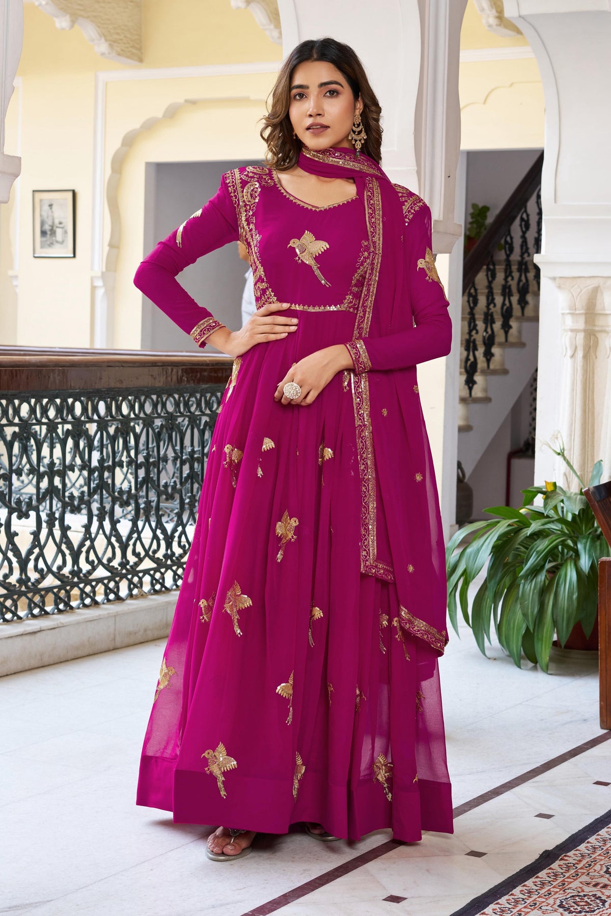 Marvelous Pink Georgette Thread Work Gown