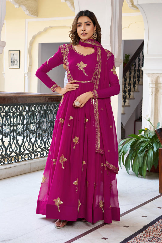 Marvelous Pink Georgette Thread Work Gown