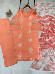 Ravishing Peach Color Embroidery Work Straight Salwar Suit