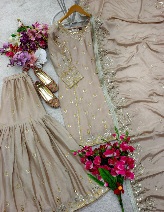 Stunning Embroidery Work Beige Color Sharara Suit