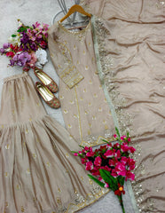 Stunning Embroidery Work Beige Color Sharara Suit