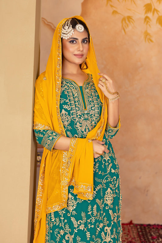 Classic Heavy Work Rama Color Palazzo Suit
