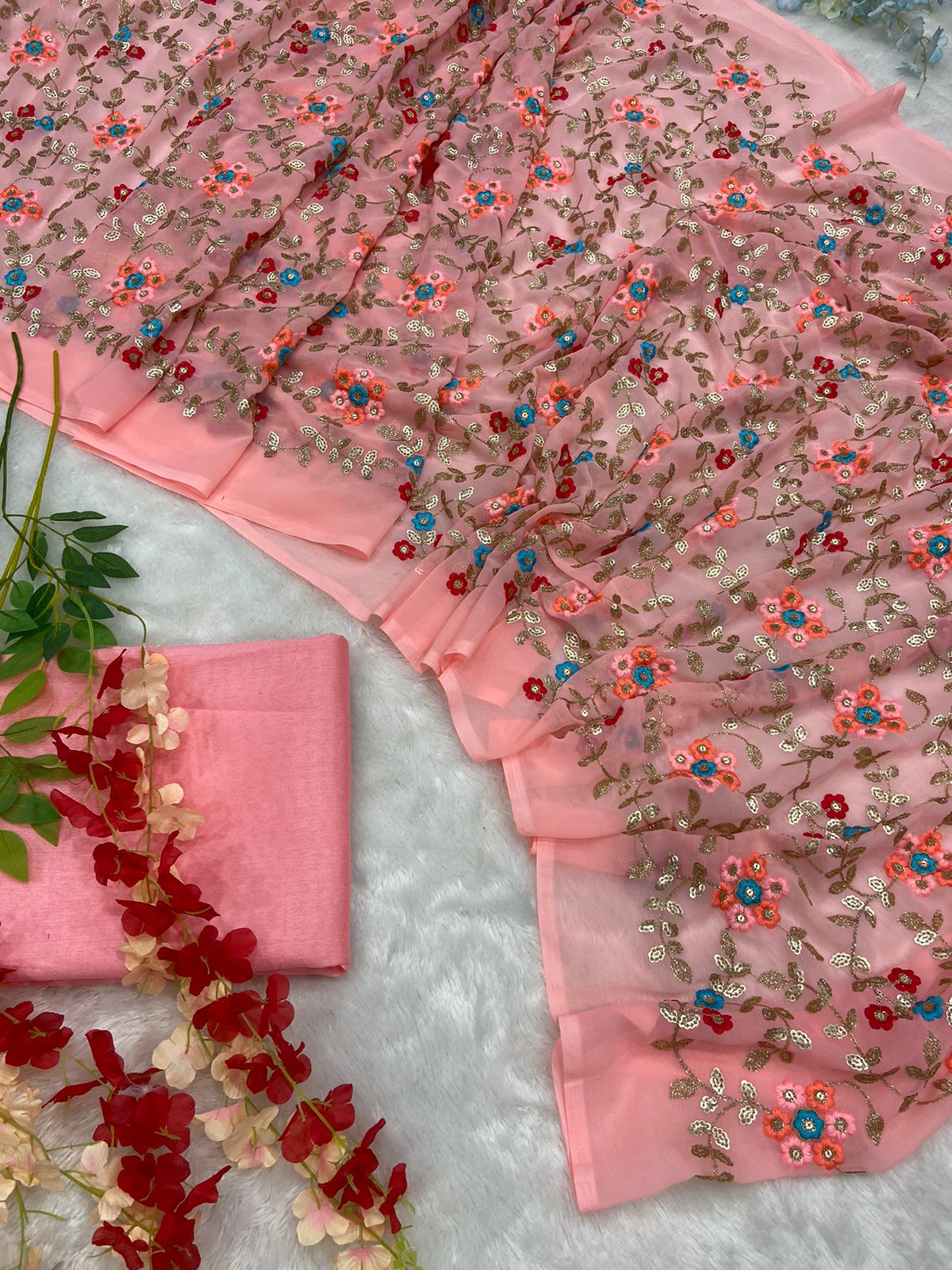 Multi Sequence Work Pink Color Saree