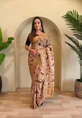 Classic Brown Color Digital Print Organza Saree