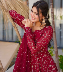 Lovely Red Sequence Work Georgette Gown