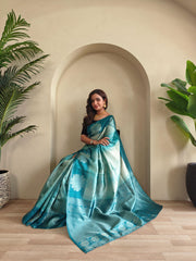 Wonderful Teal Green Color Flower Print Silk Saree