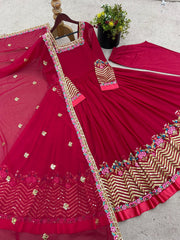 Captivating Red Georgette Embroidery Work Gown