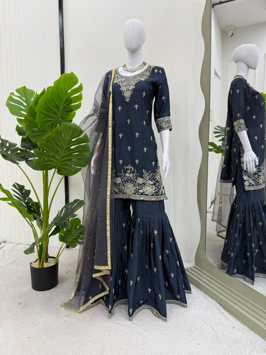 Delightful Teal Blue Color Sequence Work Sharara Suit