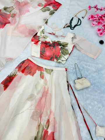 Admiring White Organza Floral Printed Lehenga Choli