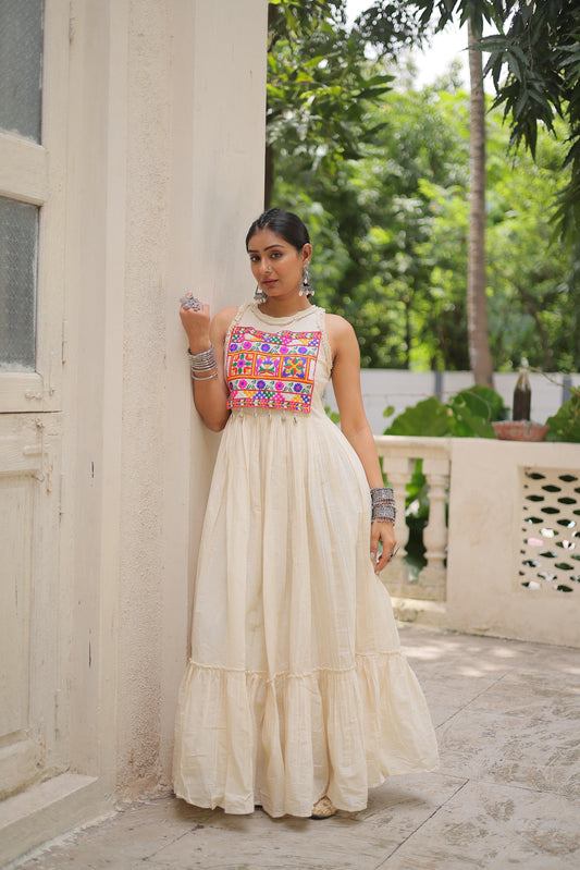 Lovely Off-White Cotton Embroidered Gown