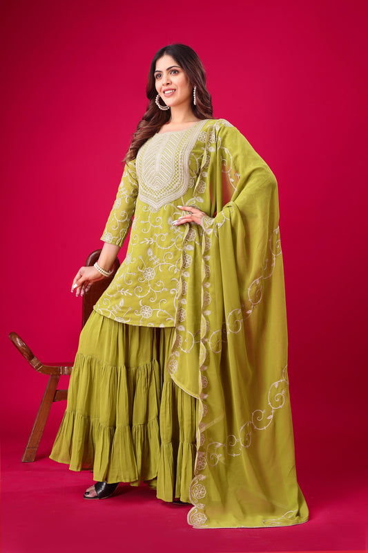 Captivating Georgette Embroidery Work Perrot Color Sharara Suit