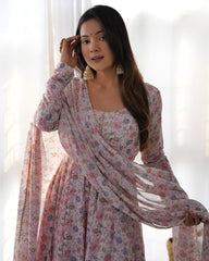 Flower Print Exclusive Fully Flair Pink Color Anarkali Suit