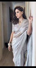 Glorious Sequins And Embroidery Work Grey Color Designer Saree