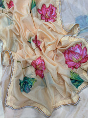 Designer Yellow Tabby Silk with Floral Print Saree