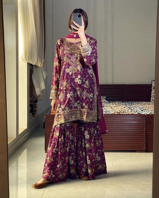 Stylish Wine Chinon Silk Embroidery Sharara Suit